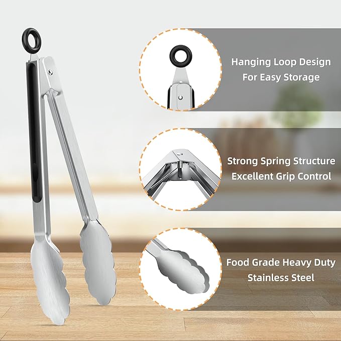 NileHome Tongs for Cooking, Professional Stainless Steel Cooking Tongs – Heat-Resistant for Grilling, BBQ, Serving Salad, Pasta, and Kitchen Use, Dishwasher Safe, Set of 9" 12", Silver