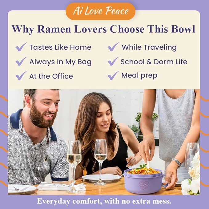 AI LOVE PEACE Ramen Bowl, 40 oz Microwaveable Noodle Cooker for Ramen, Pho, Soup, and Pasta, Dishwasher Safe and Portable, Ideal for Home, Office, Dorm, or Gift (Purple)