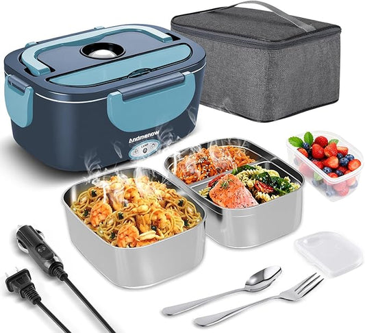 Heated Lunch Box for Adults – 80W 1.5L Electric Lunch Box with 12/24/110V, Portable Food Warmer for Work & Travel | Stainless Steel Inner Pot | Lonchera Electrica Portatil para Hombres y Mujeres