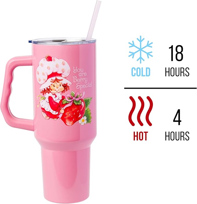 Silver Buffalo Strawberry Shortcake You Are Berry Special Vintage Berry Pink Stainless Steel Tumbler with Handle and Straw, Fits in Standard Cup Holder, 40 Ounces