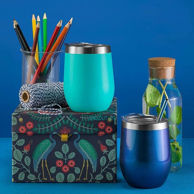 CHILLOUT LIFE 12 oz Stainless Steel Wine Tumblers 4 Pack - Double Wall Vacuum Insulated Wine Glasses Cups with Lids and Straws Set Keeping Cold & Hot for Coffee, Beer, Ice Cream - Powder Coated Blue