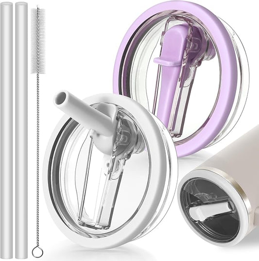 30oz Leak Proof Lid for Stanley Quencher H2.0 Tumbler, Flip Straw Lid Replacement 30 oz Tumbler No Spill Cover Top for Stanley Protour Stanley Cup Accessories, 2 Pack (White, Purple)