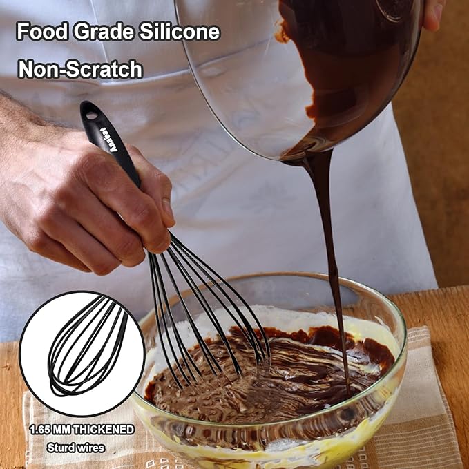 Anaeat Kitchen Whisk Set of 5, Perfect for Non-Stick Cookware, Egg Beater Milk Blender for Whisking, Cooking, Baking - 5"+7" Mini Wire Whisk and 8.5''+10.5''+12'' Silicone Balloon Whisks (Black)