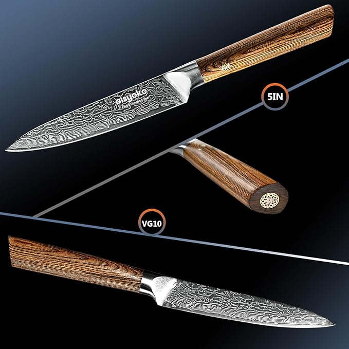 5-Inch Paring Knife - Japanese VG-10 Super Steel 67-Layer Damascus Blade - Fruit Utility Knife for Carving & Peeling - Luxury Gift Box with Color Wooden Handle - Includes Scabbard
