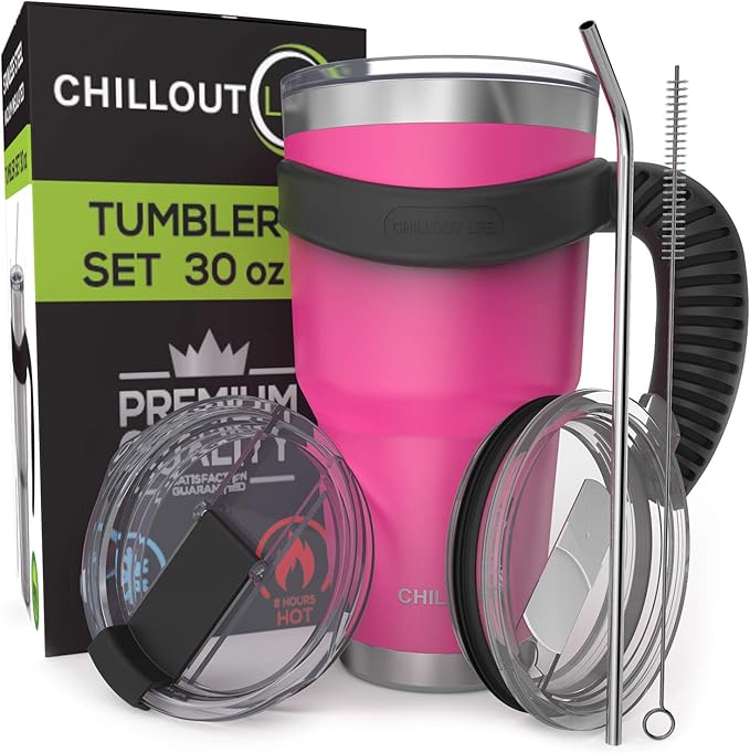 Stainless Steel Travel Mug with Handle 30 oz - 6 Piece Set. Tumbler with Handle, Straw, Cleaning Brush & 2 Lids. Double Wall Insulated Large Coffee Mug Bundle - Hot Pink Powder Coat Tumbler