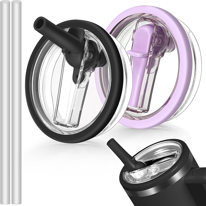 40oz Flip Straw Leak Proof Lid for Stanley H2.0 Quencher Protour Tumbler, 2 Pack Spill Proof Lid Replacement Straw Cover Top for 40 OZ Stanley Cup Accessories (Black, Purple)