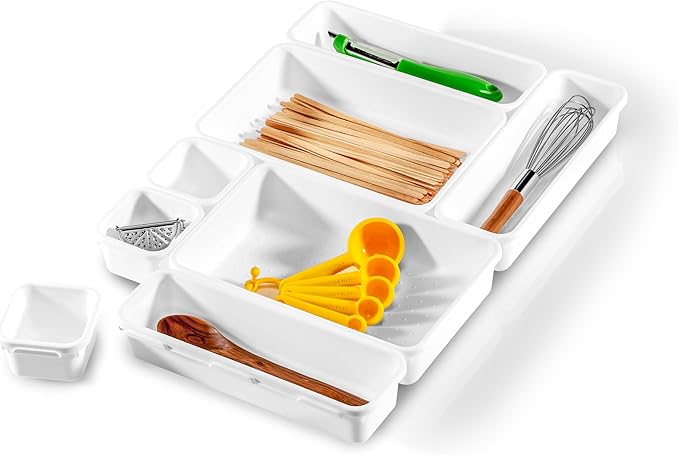 Madesmart 8-Piece Interlocking Bin Pack Customizable Multi-Purpose Drawer, One Home Organization, BPA Free, White, 8 Count
