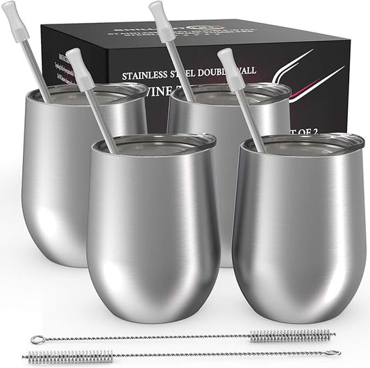 CHILLOUT LIFE 12 oz Stainless Steel Wine Tumblers 4 Pack - Double Wall Vacuum Insulated Wine Glasses Cups with Lids and Straws Set Keeping Cold & Hot for Coffee, Beer, Ice Cream - Dishwasher Safe