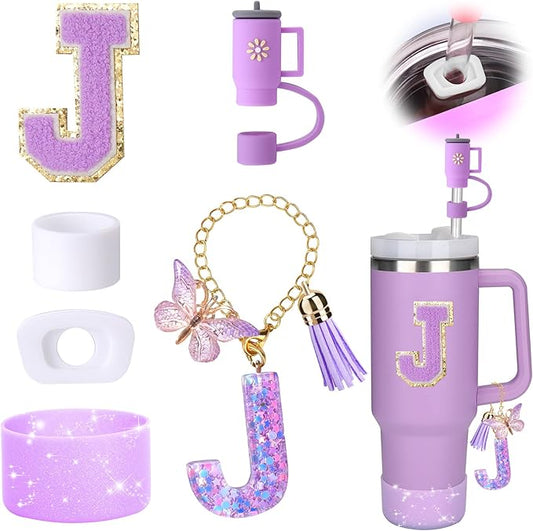 Mity rain 6PCS Cup Accessories Set for Stanley Cup 30oz 40oz tumbler with handle, Including Silicone Straw Topper Cover Cap and Boot, Spill Proof Stopper, Handle Charm, Initials Sticker (Letter J)
