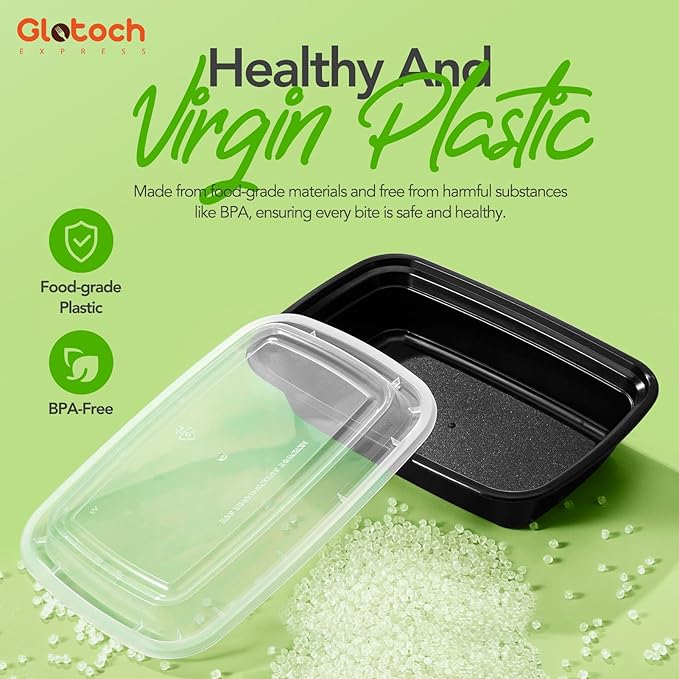 100-Piece (50-Pack) 24 OZ Meal Prep Containers Reusable with Lids, Sturdy Leakproof & Food Safe, Microwave, Freezer, Dishwasher Safe To Go Food Containers, Plastic Take Out Containers, Black