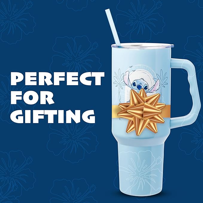 Silver Buffalo Disney Lilo and Stitch Minimalistic Design Ocean and Tropical Stainless Steel Tumbler with Handle and Straw, Fits in Standard Cup Holder, 40 Ounces