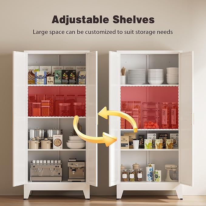 61" Tall Metal Pantry Cabinet, Kitchen Storage Cabinet with 2 Doors and 3 Adjustable Shelves for Kitchen, Living Room, Dining Room, Bathroom and Home, Office (White, 61" H)