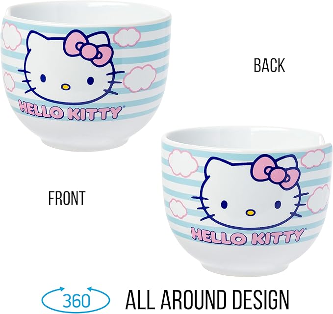 Silver Buffalo Sanrio Hello Kitty Blue and Pink Skies Ceramic Ramen Noodle Rice Bowl with Chopsticks, Microwave Safe, 20 Ounces