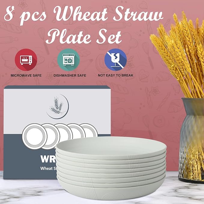 Wrova Wheat Straw Plates - 10 Inch Unbreakable Dinner Plates Set of 8 - Dishwasher & Microwave Safe Plastic Plates Reusable for Kitchen and Camping (Light Grey)