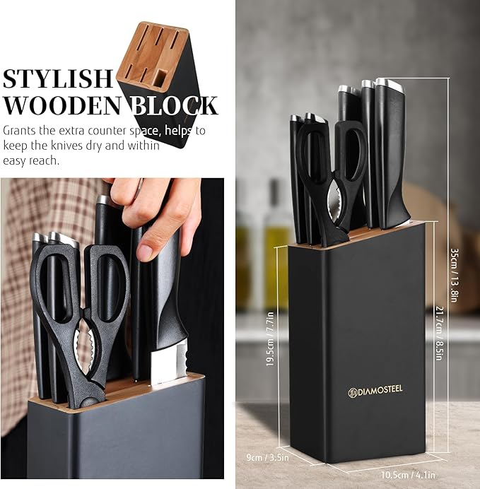 Black Knife Set with Wooden Block, 7 Pieces Sharp Knife Block Set with Stainless Steel Blade Ergonomic Handle, Dishwasher Safe Knives Set