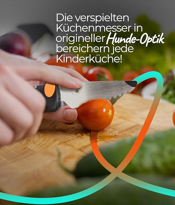 Kuhn Rikon Kinderkitchen® Kids Chef Knife Set 6", 2 Pieces, Black/Orange | Straight Edge & Serrated Knife | Cutting Tool Made for Real Cooking | Child Friendly Dog Design With Hand Guard For Safety