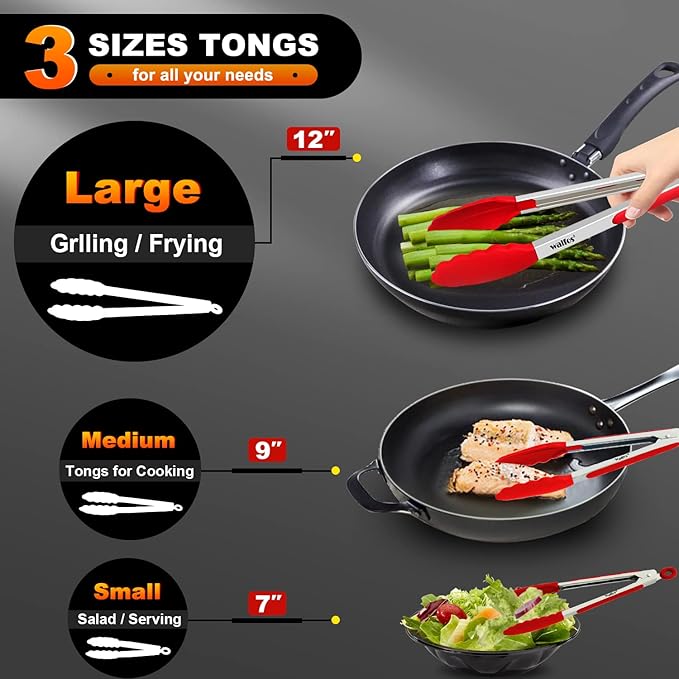 Walfos Kitchen Tongs - 7" 9" and 12" Heat Resistant Cooking Tongs, Stainless Steel and BPA Free Silicone Tips, Great for Cooking, Salad, Grilling, Turning, Dishwasher safe,set of 3