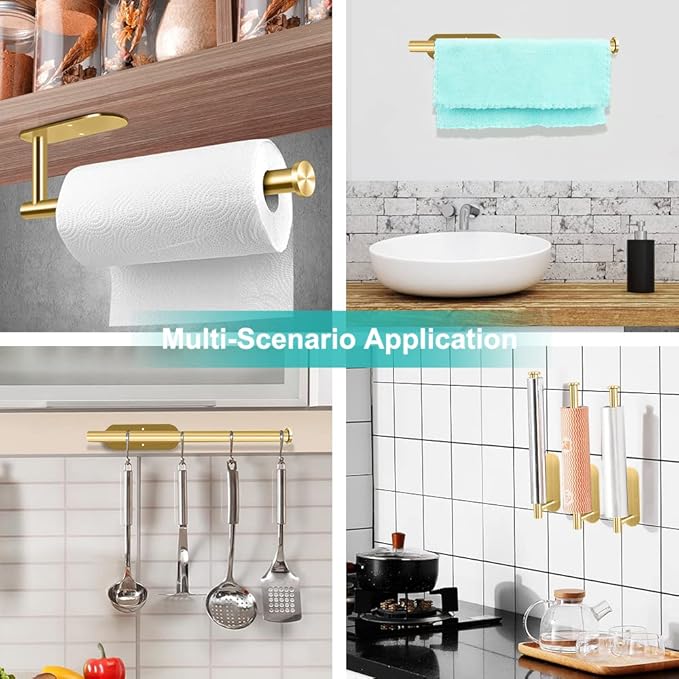 MGahyi Paper Towel Holder Wall Mount, Self Adhesive Or Drilling Under Cabinet Kitchen, 13.2 inch Stainless Steel Paper Towel Roll Rack, Towel Roll Hanger for Bathroom(Gold, Rectangle)