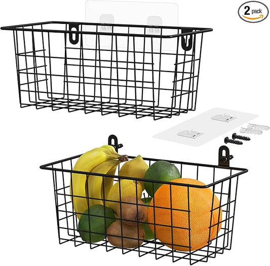 MaraFansie Hanging Kitchen Baskets Wire Storage Basket Adhesive and Screws Basket Over the Cabinet Door Organizer with Adhesive Strips and Screws Accessories, 2 Installations, 2 Pack