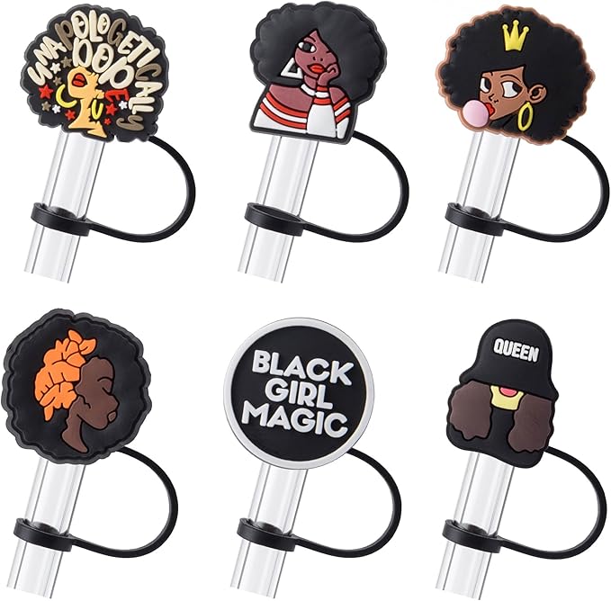 6Pcs Black Girl Straw Cover Cap for Stanley Cup Accessories, 10mm Cute Black Drinking Straw Topper for 40oz 30oz Stanley Tumbler, Dust-Proof Reusable Straw Tips Valentines Decor Gifts for Women