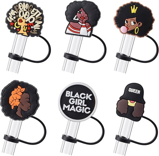 6Pcs Black Girl Straw Cover Cap for Stanley Cup Accessories, 10mm Cute Black Drinking Straw Topper for 40oz 30oz Stanley Tumbler, Dust-Proof Reusable Straw Tips Valentines Decor Gifts for Women