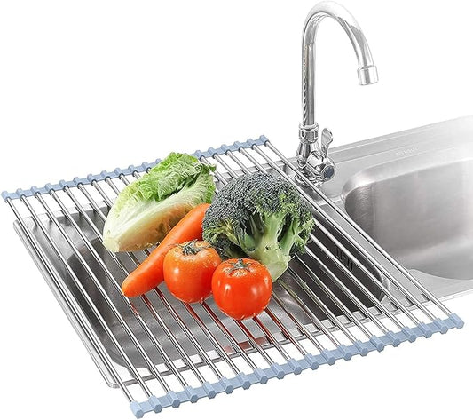 Seropy Roll Up Dish Drying Rack Over The Sink for RV Sink 17.5x15.7 in Kitchen Drying Rack Folding Dish Drainer Mat Rolling Dish Rack Foldable Rack Stainless Steel Wide Kitchen Dry Rack