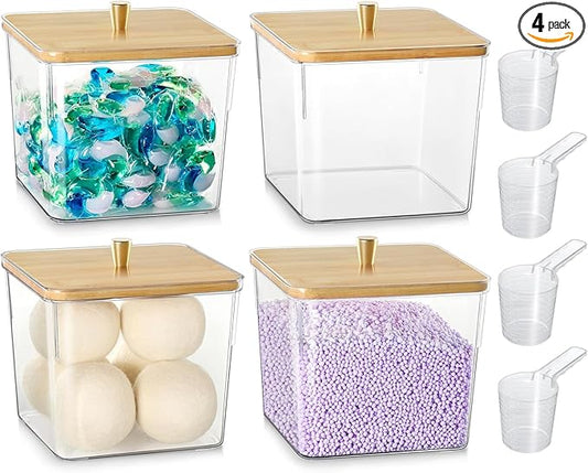 Hudgan 4 Pack Acrylic Storage Containers with Measuring Scoops for Kitchen, Laundry, Pantry, Clear Sturdy Plastic with Gold Handle Perfect for Dried Goods, Snacks, Detergent