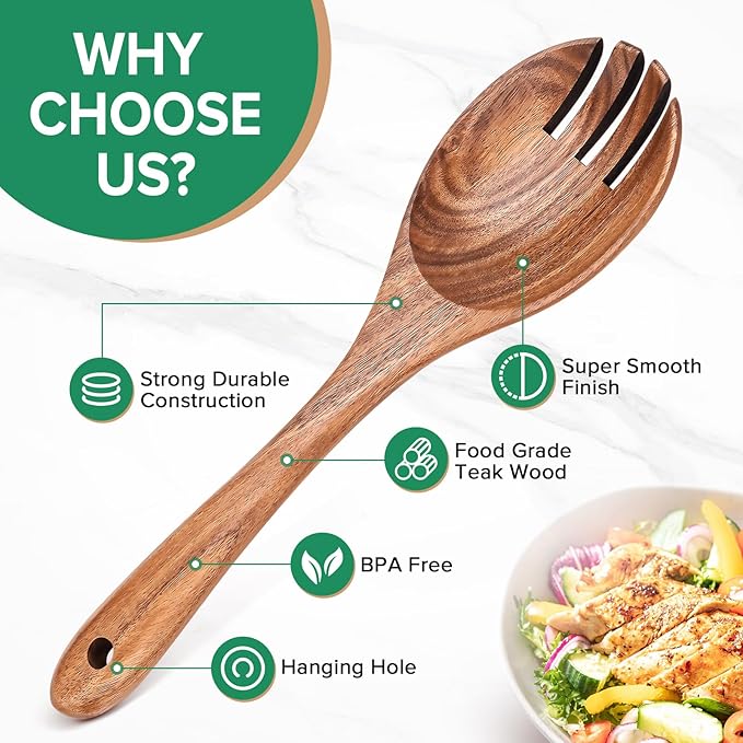 Wooden Spoons for Cooking, 2pcs Teak Salad Kit, Wooden Salad Servers, Wood Salad Serving Utensils Set, Wooden Salad Spoon Fork Set for Serving, Mixing, Tossing, Stirring,10.5″