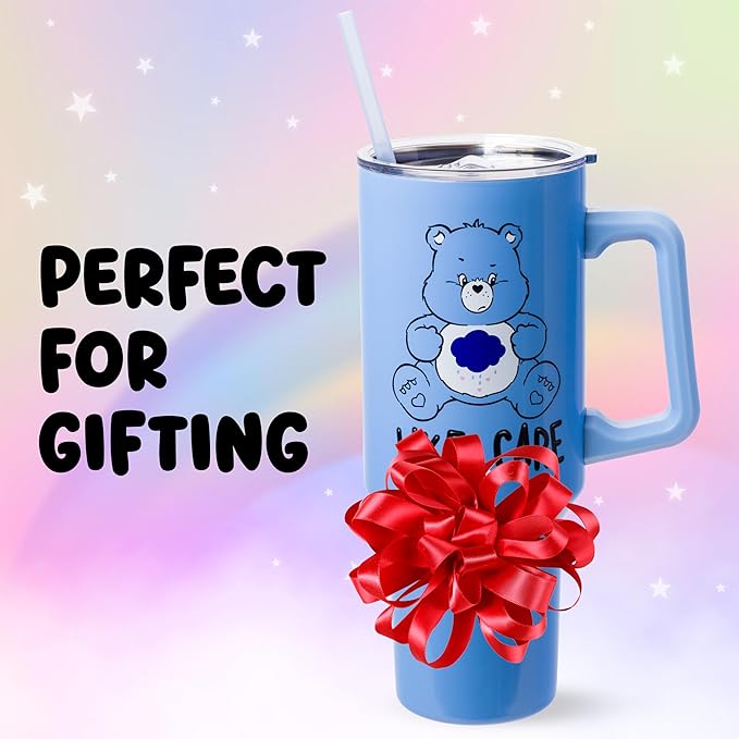 Silver Buffalo Care Bears Grumpy Bear Like I Care Stainless Steel Tumbler with Handle and Straw, Fits in Standard Cup Holder, 40 Ounces