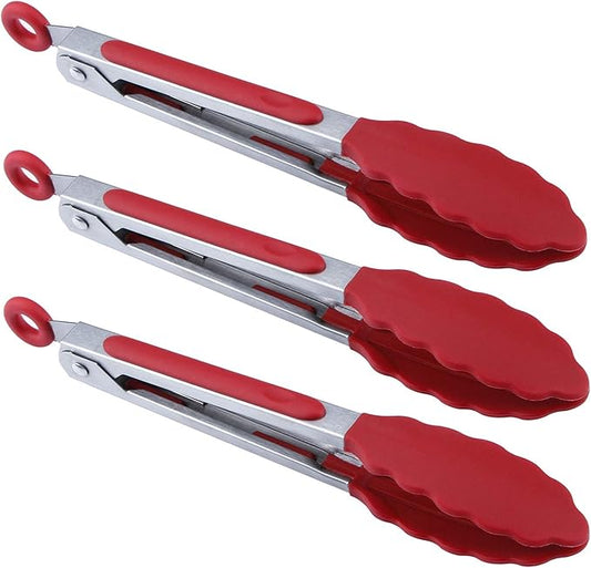 MSY BIGSUNNY Kitchen Food Tongs - 7" Mini Silicone Serving Tongs - Set of 3 (Red)