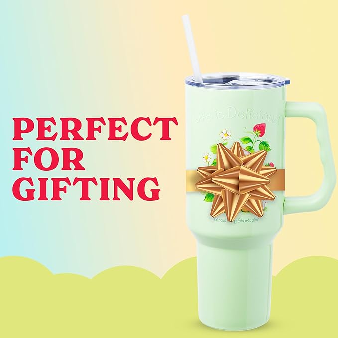 Silver Buffalo Strawberry Shortcake and Custard “Life is Delicious!” Stainless Steel Tumbler with Handle, Fits in Standard Cup Holder, 40 Ounces