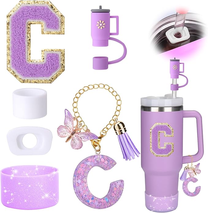 Mity rain 6PCS Cup Accessories Set for Stanley Cup 30oz 40oz tumbler with handle, Including Silicone Straw Topper Cover Cap and Boot, Spill Proof Stopper, Handle Charm, Initials Sticker (Letter C)