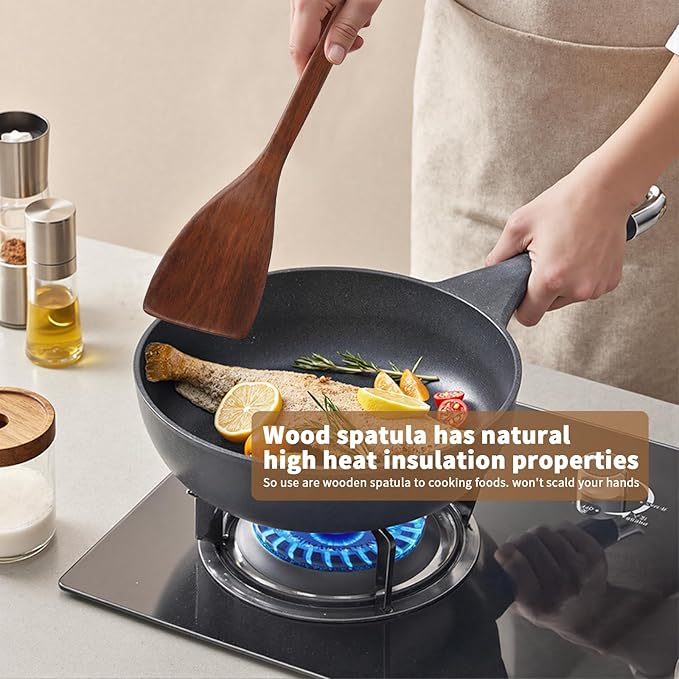 Wooden Spatula for Cooking, Long Handle Corner Spatulas for Frying Pan, Good Grips Right Hand Wood Turner for Cooking Kitchen Utensils