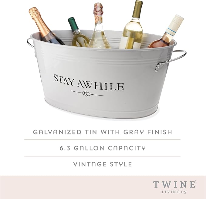 Twine Stay Awhile White Painted Galvanized Ice Bucket & Metal Tub - Beverage Ice Barrel Tub for Parties in 6.3-Gallon Capacity