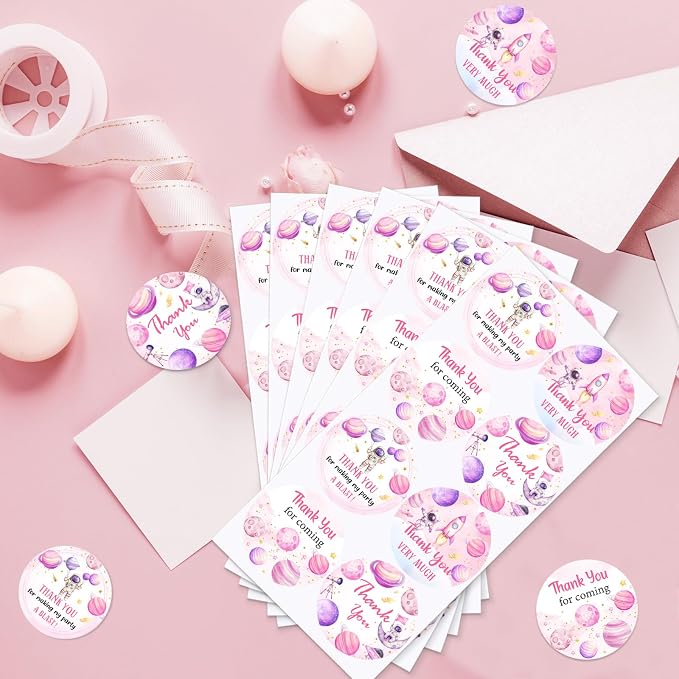 Serencatcher 80pcs Pink Space Thank You Stickers, Outer Space Party Decorations - Image 4
