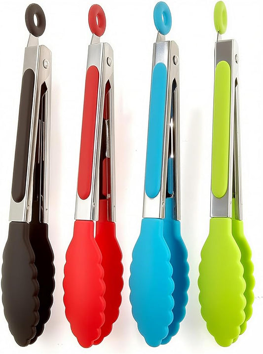 4Pcs Silicone Tongs, Kitchen Tongs 7” Non-slip & Easy Grip Stainless Steel Handle - Smart Locking Clip - Heat Resistant, Food Grade
