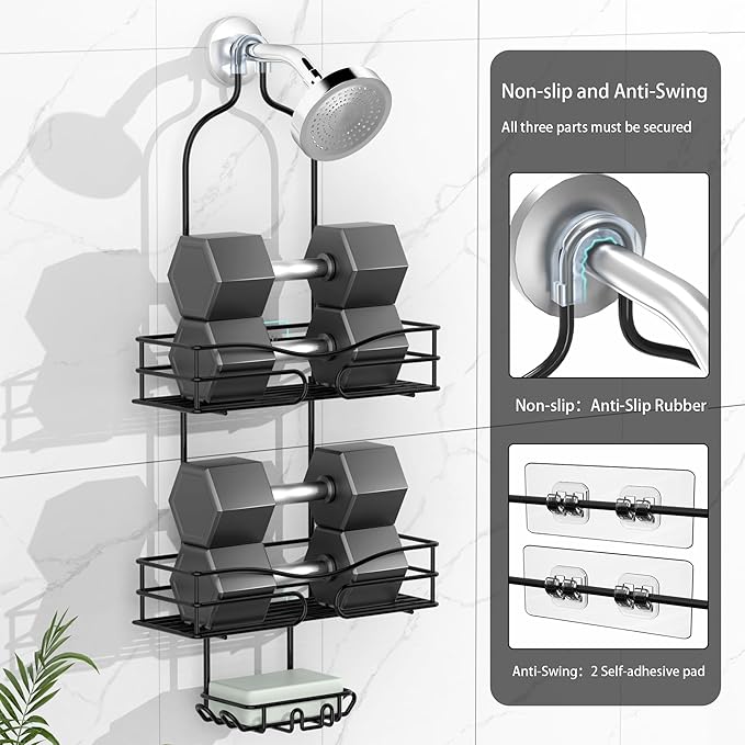 Shower Caddy Hanging - 3 Soap Holders, Rustproof Shower Head Organizer Stainless Steel, Bathroom Organizers and Storage With Hooks & Razor Holder, Black