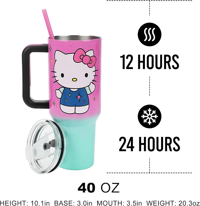 Bioworld Hello Kitty “Never Lose Your Spark” Vacuum Insulated 40 Oz. Pink & Green Ombre Stainless Steel Tumbler with Leak-Proof Lid & Easy Carry Handle for Travel or Home