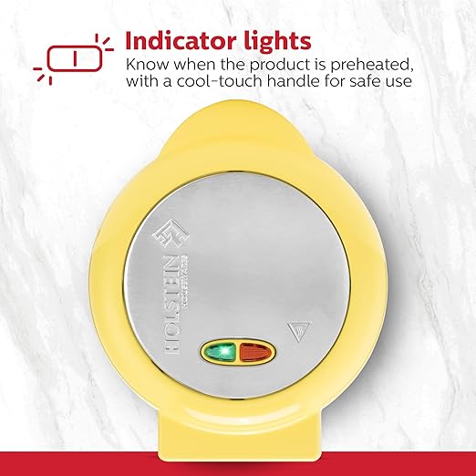 Holstein Housewares Stainless Steel 2 Section Omelet & Frittata Maker, Non Stick Coating, Easy To Clean, Indicator Lights, Compact Storage, Prepare Versatile Recipes in Minutes. 2 Portions, Yellow