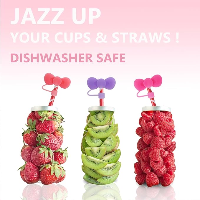 6 Pcs Candy Bow Straw Covers Cap Toppers Compatible with Stanley 30&40 oz Tumbler Cups,Reusable Cute Silicone Straws Tips Lids Protectors for 0.4 in/10mm Stanleys Cup Accessories