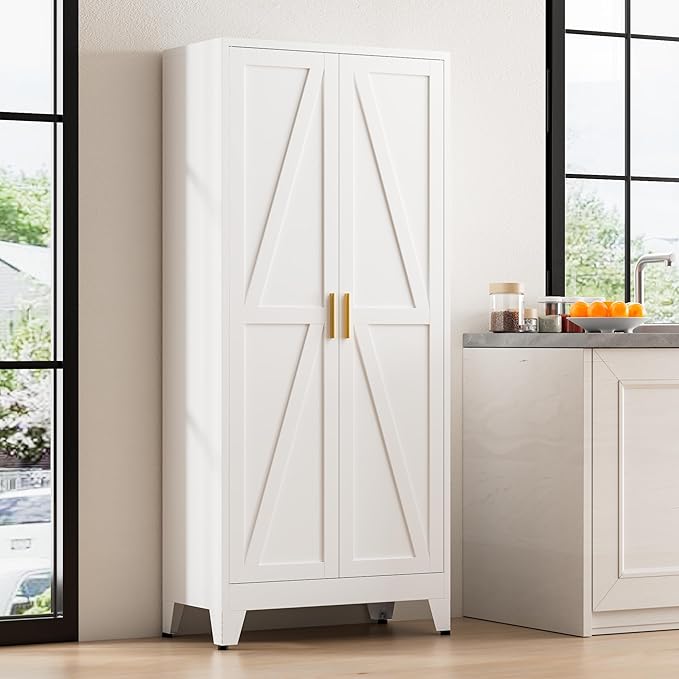 61" Tall Metal Pantry Cabinet, Kitchen Storage Cabinet with 2 Doors and 3 Adjustable Shelves for Kitchen, Living Room, Dining Room, Bathroom and Home, Office (White, 61" H)