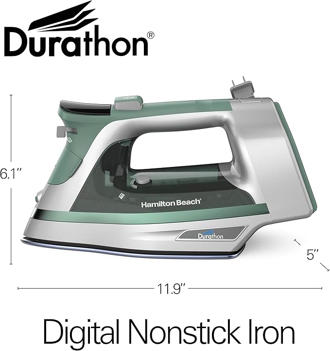 Hamilton Beach Steam Iron & Vertical Steamer for Clothes with Scratch-Resistant Durathon Soleplate, Digital Fabric Selector + 8’ Retractable Cord, 3-Way Auto Shutoff, Anti-Drip, 1800 Watts, Green
