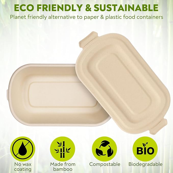 37 Oz Bamboo Disposable Food Containers, 50 Pack - Heavy Duty, Microwavable, Oven Safe - Perfect For Meal Prep, Salads, Lunch, To Go Food - Biodegradable (Brown)
