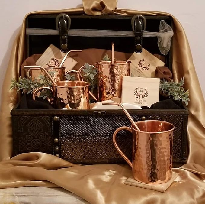 Gift Set Pure Copper Hammered Mugs with Copper Straws & Wooden Coasters Set of 4 - PREMIUM QUALITY -16 Oz Copper Mug - 100% Handcrafted - A Gift Pack for your loved Ones.