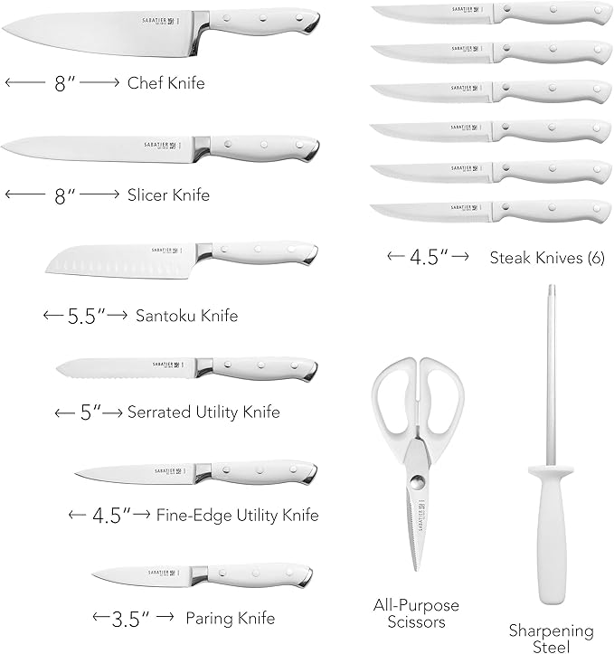 Sabatier 15-Piece Forged Triple Rivet Knife Block Set, High-Carbon Stainless Steel Kitchen Knives, Razor-Sharp Knife set with Acacia Wood Block, White Handles