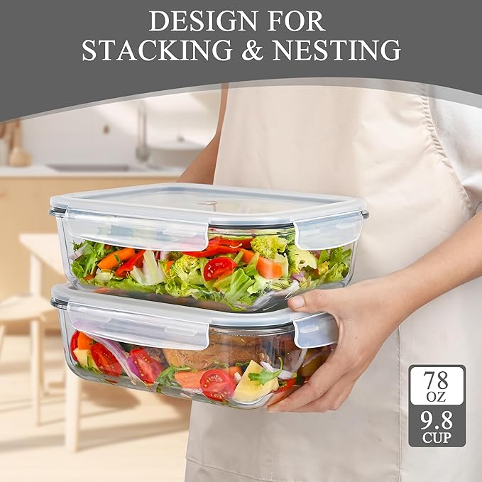 GEHE 9.8 Cup / 78 Oz Large Glass Food Storage Containers with Lids, 2 Pack Glass Meal Prep Containers Set with Airtight Locking Lids - Storing Food, Baking, Leakproof, Freezer, Microwave & Oven Safe
