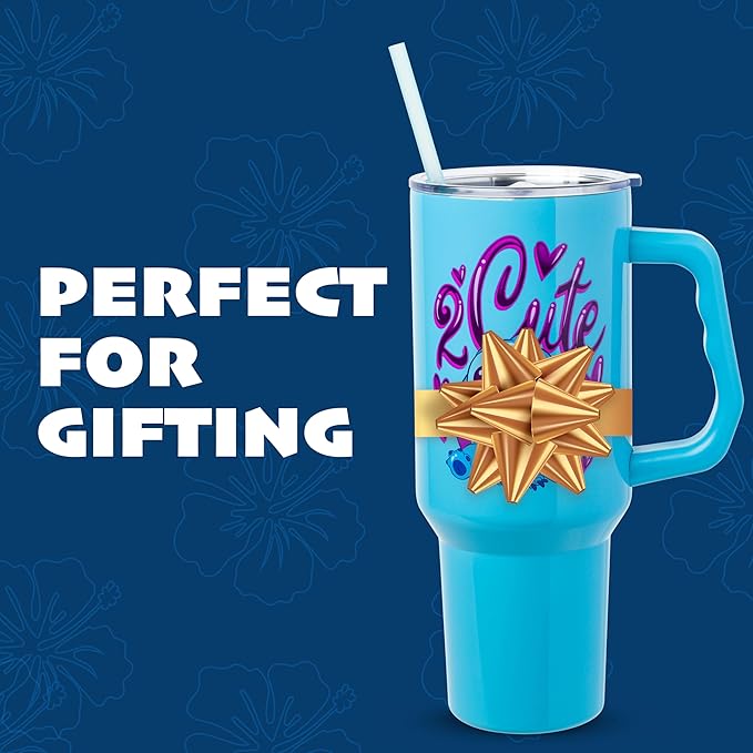 Silver Buffalo Disney Lilo and Stitch “2 Cute” Stainless Steel Tumbler with Handle, Fits in Standard Cup Holder, 40 Ounces