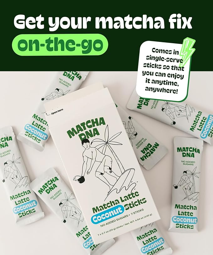 MatchaDNA Coconut Matcha Latte Powder Sticks 7 Pack (20g Each) – Sweetened with Milk, No Sugar Added – Instant Matcha Latte Mix Packets – Organic Macha Tea Powder for Hot or Iced Drinks, Smooth Energy