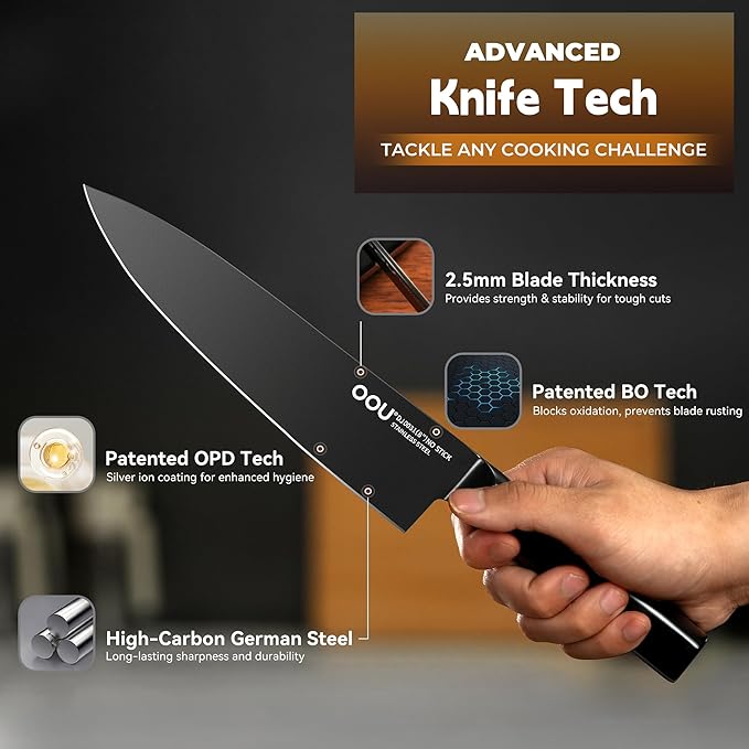 OOU Kitchen Knife Block Set - 15 Pieces High Carbon Stainless Steel Knife Block Set with Built-in Sharpening Blocks, Black