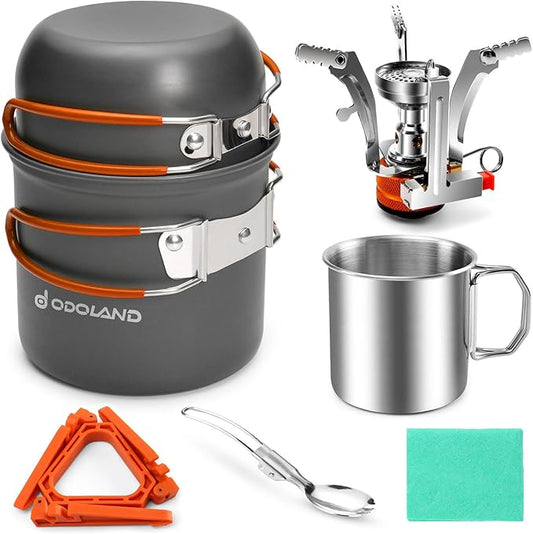 Odoland 8pcs Camping Cookware Mess Kit, Camping Pot and Pan Set with Mini Backpacking Stove, Stainless Steel Cup, Spork and Tank Bracket, Cooking Gear for Outdoor, Hiking, Picnic, Campfire